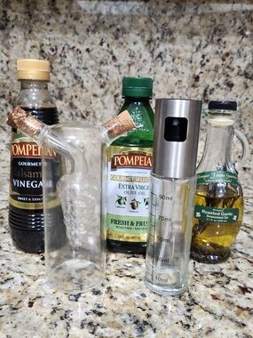 Stainless Steel & Clear Glass Oil Mister Spray Bottle + 2 Spout Pour Glasses